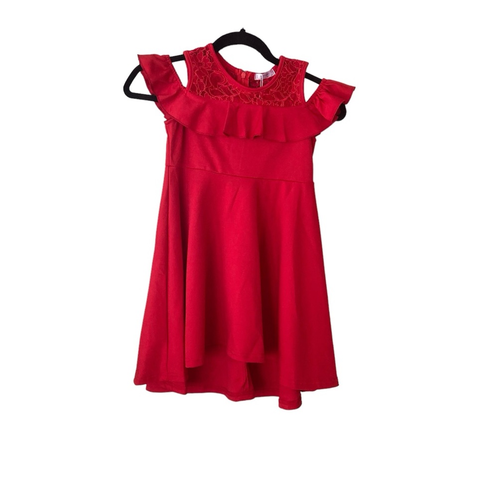 Arshiner girls cold shoulder with ruffles and lace Red